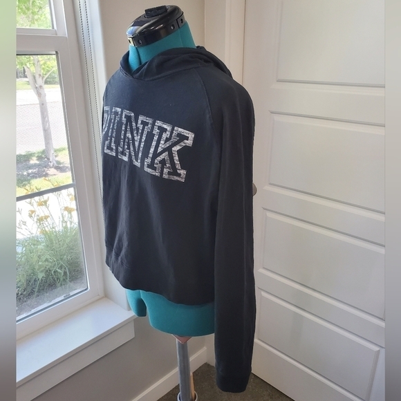 PINK VICTORIA'S SECRET BLACK LIGHTWEIGHT CROPPED HOODIE SWEATSHIRT WOMEN XS - Picture 3 of 13